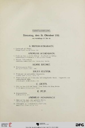 Versteigerung: Dienstag, den 31. Oktober 1911 von vormittags 10 Uhr ab (Nr. 1-200)