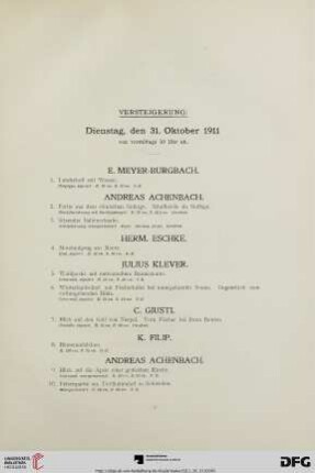Versteigerung: Dienstag, den 31. Oktober 1911 von vormittags 10 Uhr ab (Nr. 1-200)