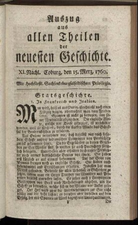 XI. Nachl. Coburg, den 15. Merz. 1760.