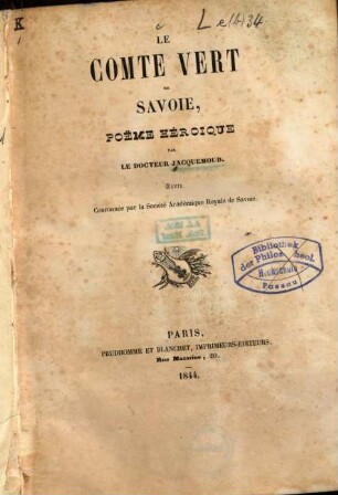Le Comte Vert de Savoie : poème héroique