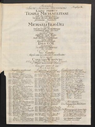 Beylage B. In nomine Sacro Sanctae Trinitatis Lapis Primus Templi Michaelitani ante hos centum annos die XXVI Aprilis MDCXLIX primum fundati et Michaeli Filio Dei ...