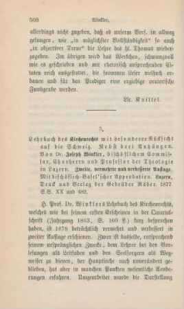 508-509 [Rezension] Winkler, Joseph, Lehrbuch des Kirchenrechts