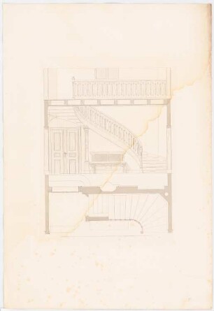 Werke der höheren Baukunst, Darmstadt 1856 Villa in einer Vorstadt (?): Innentreppe: Grundriss, Ansichten