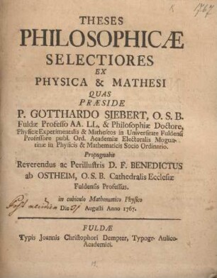 Theses philosophicae selectiores ex physica & mathesi