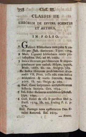 Classis III. Librorum De Divers. Scientiis Et Artibus.