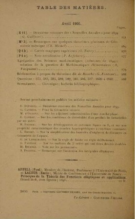Table des matières. Avril 1900.
