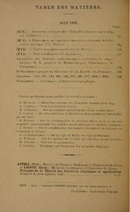 Table des matières. Avril 1900.
