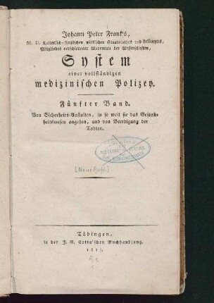5: Von Sicherheits-Anstalten, in so weit sie das Gesundheitswesen angehen, und von Beerdigung der Todten