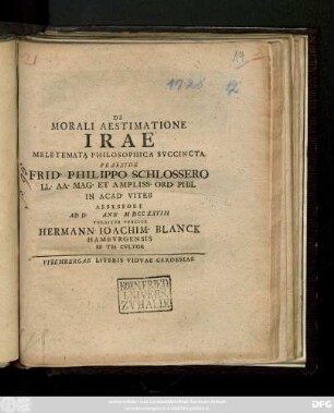 De Morali Aestimatione Irae Meletemata Philosophica Svccincta