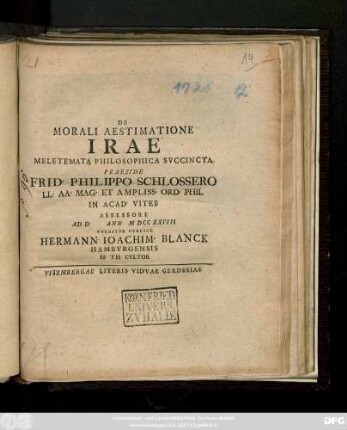 De Morali Aestimatione Irae Meletemata Philosophica Svccincta