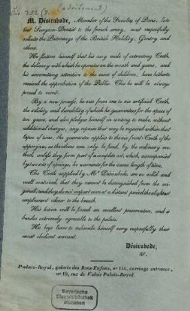 Advertissement by Dr. Desirabode, surgeon-dentist, concerning his easy mode of extracting teeth