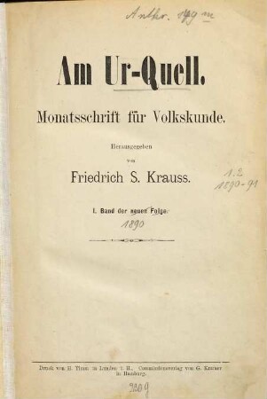 Am Ur-Quell : Monatschrift für Volkskunde. 1. 1890