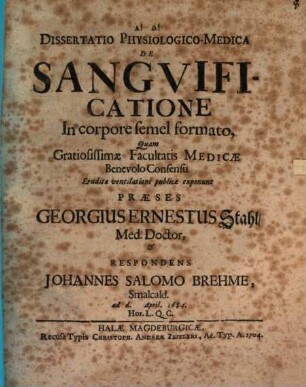 Dissertatio Physiologico-Medica De Sangvificatione In corpore semel formato