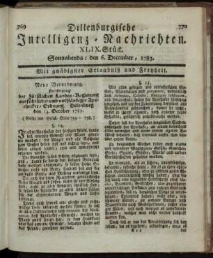 XLIX. Stück. Sonnabends: den 6. December, 1783.