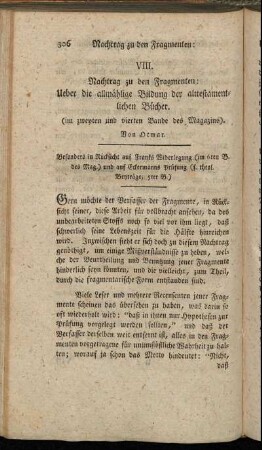 VIII. Nachtrag zu den Fragmenten: Ueber die allmählige Bildung der alttestamentlichen Bücher.