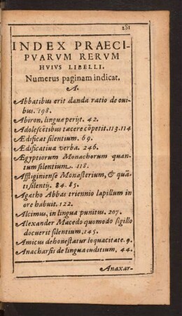 Index Praecipuarum Rerum Huius Libelli.