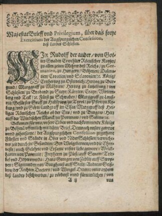 Majestat Brieff und Privilegium, über das freye Exercitium der Augspurgischen Confession, deß Landes Schlesien.
