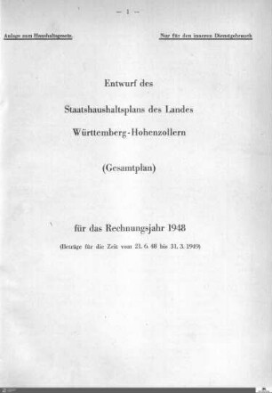 Staatshaushaltsplan Württemberg-Hohenzollern 1948