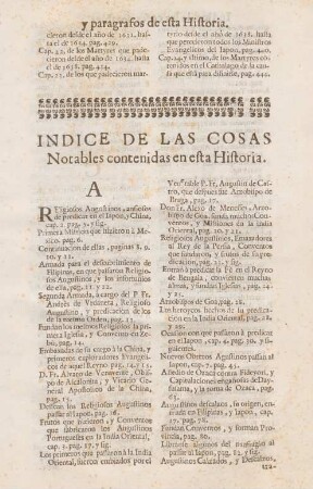 Indice de las cosas notables contenidas en esta historia