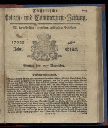 46tes Stueck, Montag den 12ten November. 1792