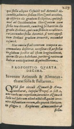 Propositio Quarta Decima. Invenire Azimuth & Almucantharat solis & stellarum.