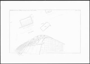 Architektonisches Ausstellungskonzept für die ILA 1998 in Schönefeld. Konstruktion einer Flugzeugwartungshalle Schinkelwettbewerb 1997: Lageplan und perspektivische Ansicht 1:1000