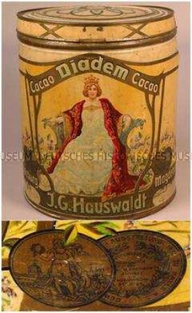Vorrats-Blechdose "Diadem Cacao" J. G. Hauswaldt, Magdeburg ( Abbildung: junge Frau in wallenden Gewändern mit Diadem)