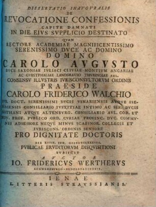 Diss. inaug. de revocatione confessionis capite damnati in die, eius supplicio destinato
