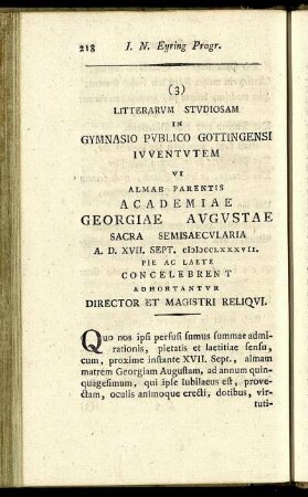 (3) Litterarum Studiosam In Gymnasio Publico Gottingensi Juventutem [...]