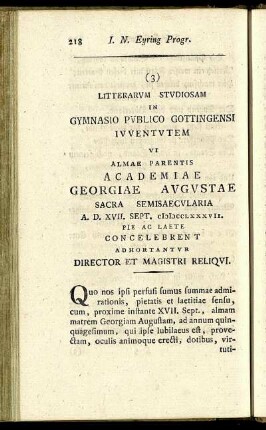 (3) Litterarum Studiosam In Gymnasio Publico Gottingensi Juventutem [...]
