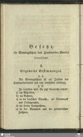 Gesetze, die Sonntagsschule des Handwerker-Vereins betreffend
