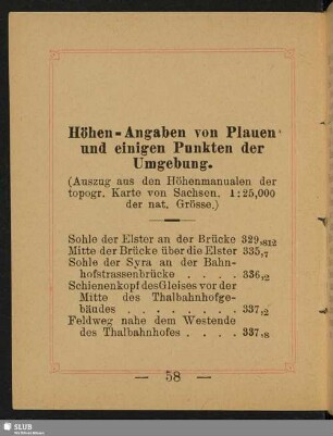 Höhen-Angaben von Plauen und einigen Punkten der Umgebung