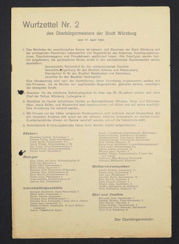 Wurfzettel Nr. 2 des Oberbürgermeisters der Stadt
                              Würzburg | Digitalisierung: Stadtarchiv Würzburg