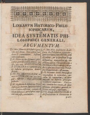 Linearum Historico-Philosophicarum, De Idea Systematis Philosophici Gernerali, Argumentum