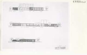 Konservatorium, Berlin-Grunewald (Diplomarbeit bei Willy Kreuer): Ansichten von der Koenigsallee und Herthastraße aus 1:200
