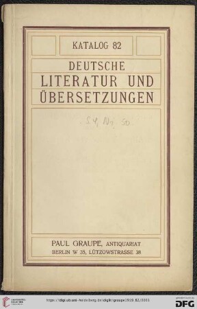 Nr. 82: Katalog / Paul Graupe, Antiquariat: Deutsche Literatur und Übersetzungen