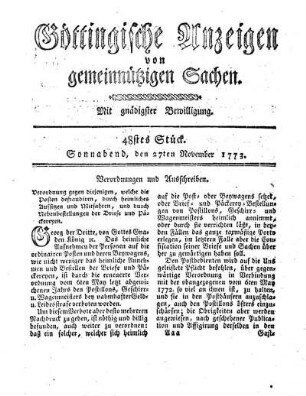 48stes Stück. Sonnabend, den 27ten November 1773.