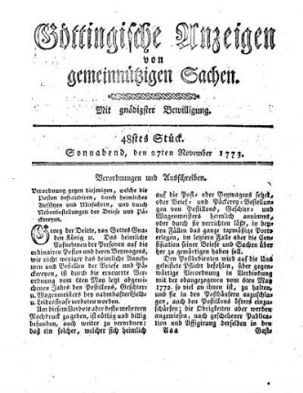 48stes Stück. Sonnabend, den 27ten November 1773.