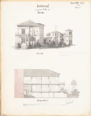 Villa, Gera Monatskonkurrenz April 1878: Aufriss Gartenansicht, Längsschnitt; Maßstabsleiste, Erläuterungstext