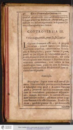 CONTROVERSIA III. Vtrum Logica vtens, prout sic, sit scientia?
