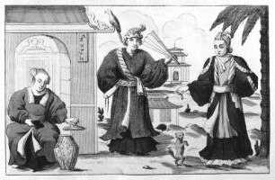 Tierdressur : Tierdressur. Illustration aus "Inventions Chinoises", Band XIV, Blatt 45. Kupferstich, Radierung, koloriert; 11,8 x 18,3 cm. Dresden: Kupferstich-Kabinett in B 1156, 2