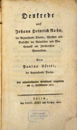 Denkrede auf Johann Heinrich Rahn