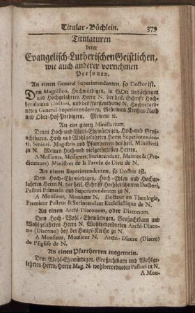 Tirtulaturen derer Evangelisch-Lutherischen Geistlichen, wie auch anderer vornehmen Personen.