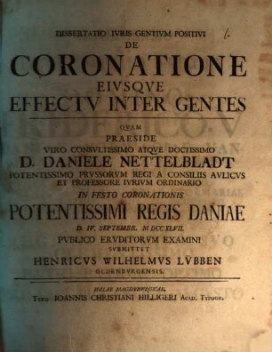 Dissertatio Ivris Gentivm Positivi De Coronatione Eivsqve Effectv Inter Gentes
