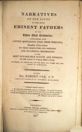 Narratives of the lives of the more eminent fathers of the three first centuries