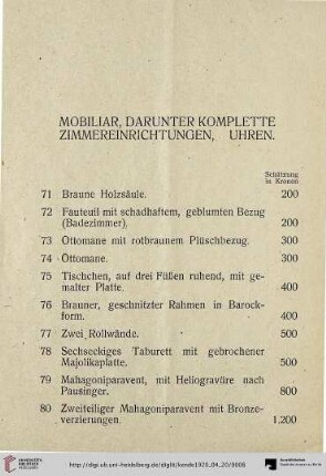 Mobiliar, darunter komplette Zimmereinrichtungen, Uhren (Nr. 71-108)