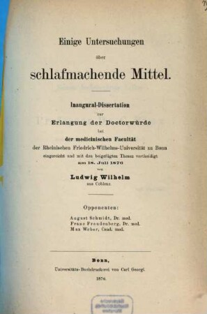 Einige Untersuchungen über schlafmachende Mittel : Inaugural-Dissertation