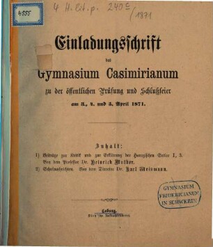 Einladungsschrift des Gymnasium Casimirianum zu Coburg zur Schlußfeier. 1871