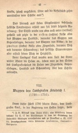 VIII. Wappen des Landgrafen Friedrich I.(1730-1751).