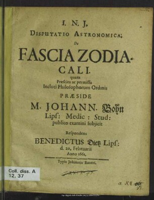 Disputatio astronomica de fascia zodiacali